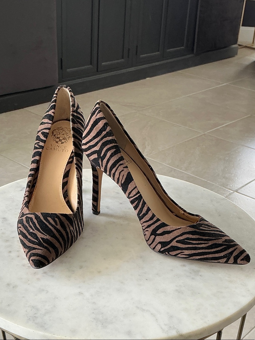Vince Camuto Pink and Black Zebra-Print Pointed Toe Pumps